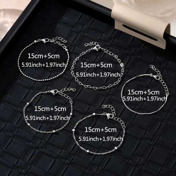 5 Stainless Steel Link Bracelets Set Group Heart Bead Multi Layer Adjustable NWT - Picture 3 of 5